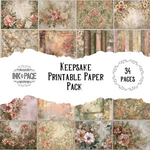 Op de afbeelding: Een set van 34 bedrukbare papieren pagina's met een vintage ontwerp. De pagina's tonen bloemen- en damastpatronen in zachte roze, groene en beige tinten. De tekst "Keepsake Printable Paper Pack" staat prominent afgebeeld.