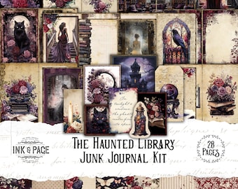 May include: A digital collage kit with 28 pages featuring a haunted library theme. The kit includes images of a black cat, a raven, a woman in a long dress, a vintage typewriter, a book, a candle, a moon, a clock, a bottle, a crystal ball, and a castle. The kit is perfect for scrapbooking, card making, and other paper crafts.