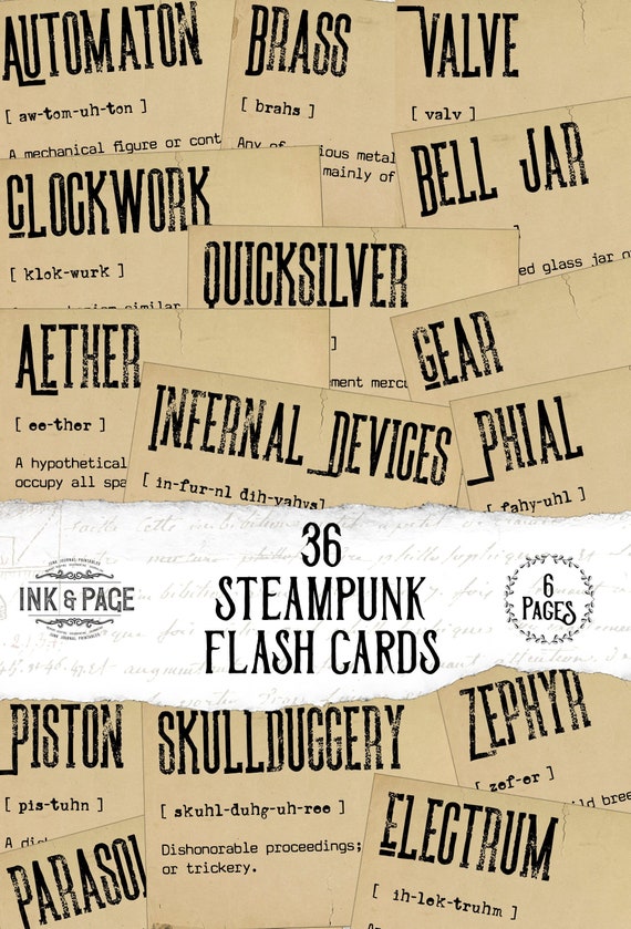 Steampunk Printable Flash Cards Digital Download Junk Journal Word Cards Journaling Vintage Ephemera Grunge Collage Sheets Industrial Paper