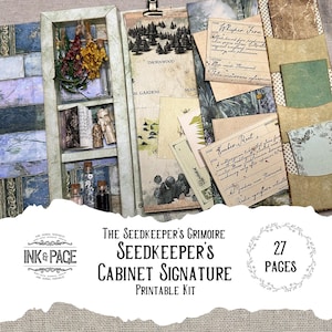 May include: A printable kit called "The Seedkeeper's Cabinet Signature" with a vintage design. The image shows a decorative cabinet with botanical elements, handwritten notes, and small bottles. The kit contains 27 pages.