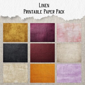 May include: A collection of nine rectangular linen paper textures in various colors, including gold, burgundy, and pink. The text "Linen Printable Paper Pack" is displayed at the top of the image.