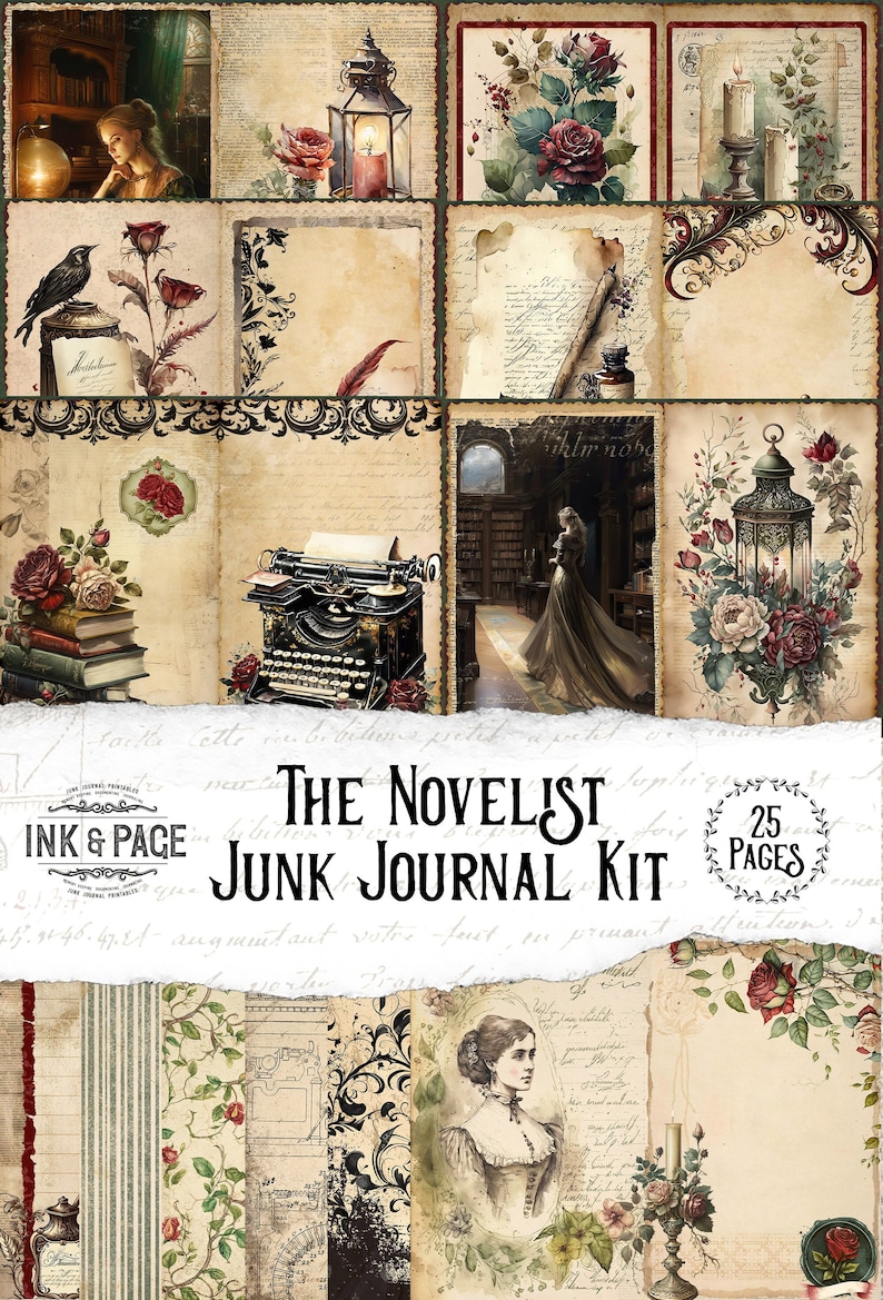 Författarens skräpjournal utskrivbart kit viktoriansk damförfattare ephemerabibliotek vintage skrivmaskinsbok Bujo Dark Academia digital nedladdning bild 1
