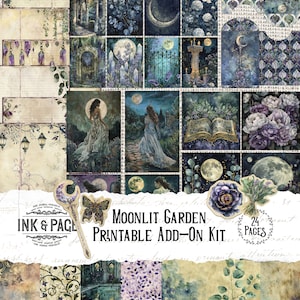 Moonlit Garden Ephemera Printable Junk Journal Add-On Vintage Nature Book of Shadows Celestial Pockets Envelopes Scrapbook Labels Grimoire