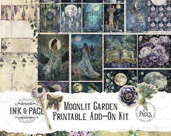 Puede incluir: Un kit digital imprimible para scrapbooking o manualidades con un tema de jardín iluminado por la luna. El kit incluye 24 páginas de imágenes con una estética caprichosa, mágica y etérea. Las imágenes presentan una variedad de elementos, incluyendo una luna, estrellas, flores, árboles y un camino misterioso.