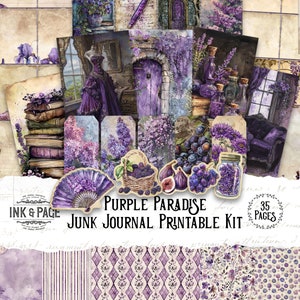 Purple Paradise Printable Junk Journal Kit Digital Ephemera Lavender Watercolor Collage Background Paper Rainbow Scrapbook Paper Crafting zdjęcie 1