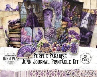 Purple Paradise Printable Junk Journal Kit Digital Ephemera Lavender Watercolor Collage Background Paper Rainbow Scrapbook Paper Crafting