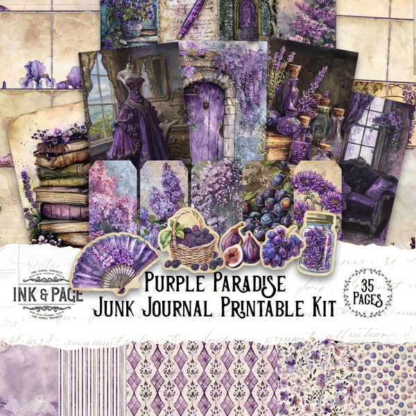 Purple Paradise Printable Junk Journal Kit Digital Ephemera Lavender Watercolor Collage Background Paper Rainbow Scrapbook Paper Crafting