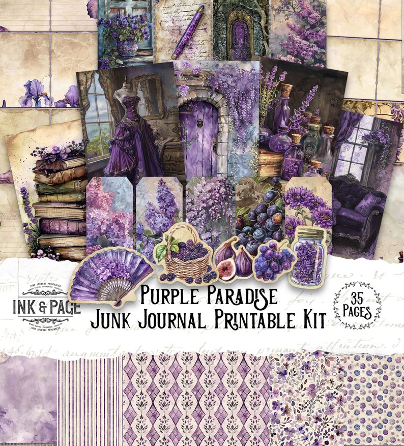 Purple Paradise Printable Junk Journal Kit Digital Ephemera Lavender Watercolor Collage Background Paper Rainbow Scrapbook Paper Crafting image 1