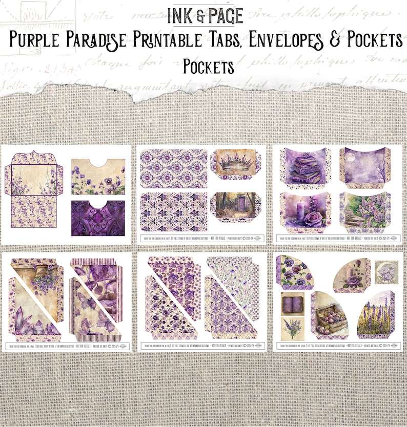 Purple Paradise Printable Ephemera Pockets Junk Journal Vintage Lavender Digital Envelopes Violet Scrapbook Rainbow Paper Wildflower Garden afbeelding 2