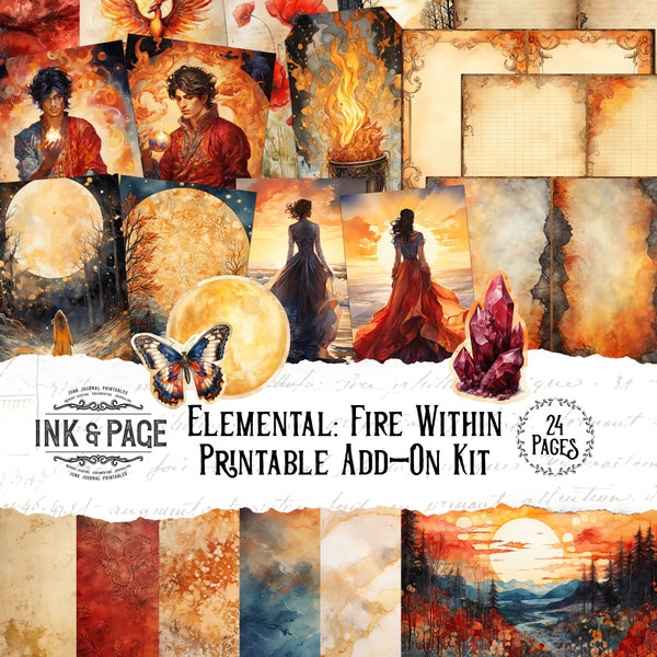 Fire Printable Ephemera Junk Journal Add-On  Kit Elemental Pockets Digital Download Celestial Tags Scrapbook Astrology Embellishments Moon