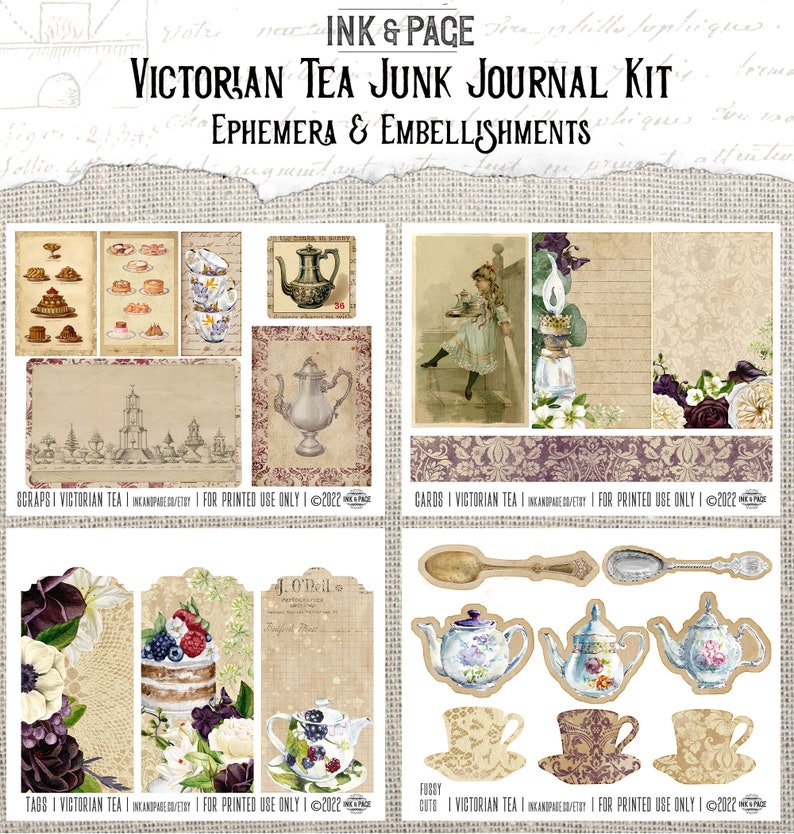 Victorian Tea Printable Junk Journal Kit, Gothic Ephemera Pack, Dark ...