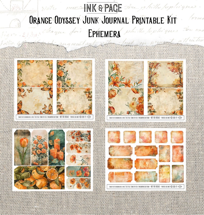 Orange Odyssey Junk Journal Printable Kit Marigold Digital Download Amber Vintage Ephemera Scrapbook Paper Supplies Shabby Background Pages image 7