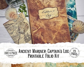 Captain's Log Printable Folio Ancient Mariner Ephemera Junk Journal Ocean Pocket Sailing Ship Vintage Under the Sea  Nautical Book Summer