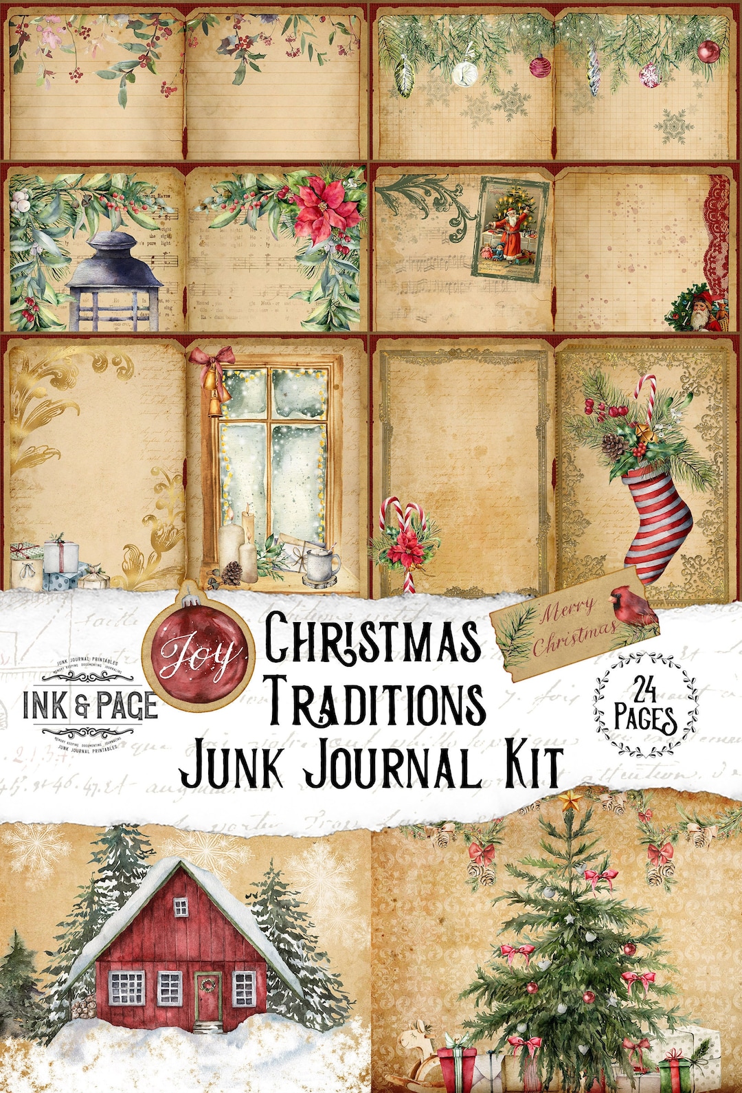 Vintage Christmas Printable Junk Journal Kit, Journaling Cards, Digital ...