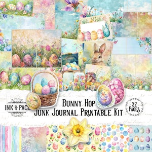 Bunny Hop Junk Journal oeuf de Pâques imprimable en téléchargement numérique Printemps éphémères arc-en-ciel Collage papier ligné Page Scrapbook heureux aquarelle