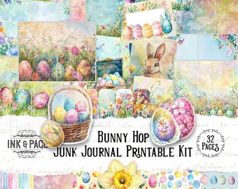 Bunny Hop Junk Journal oeuf de Pâques imprimable en téléchargement numérique Printemps éphémères arc-en-ciel Collage papier ligné Page Scrapbook heureux aquarelle