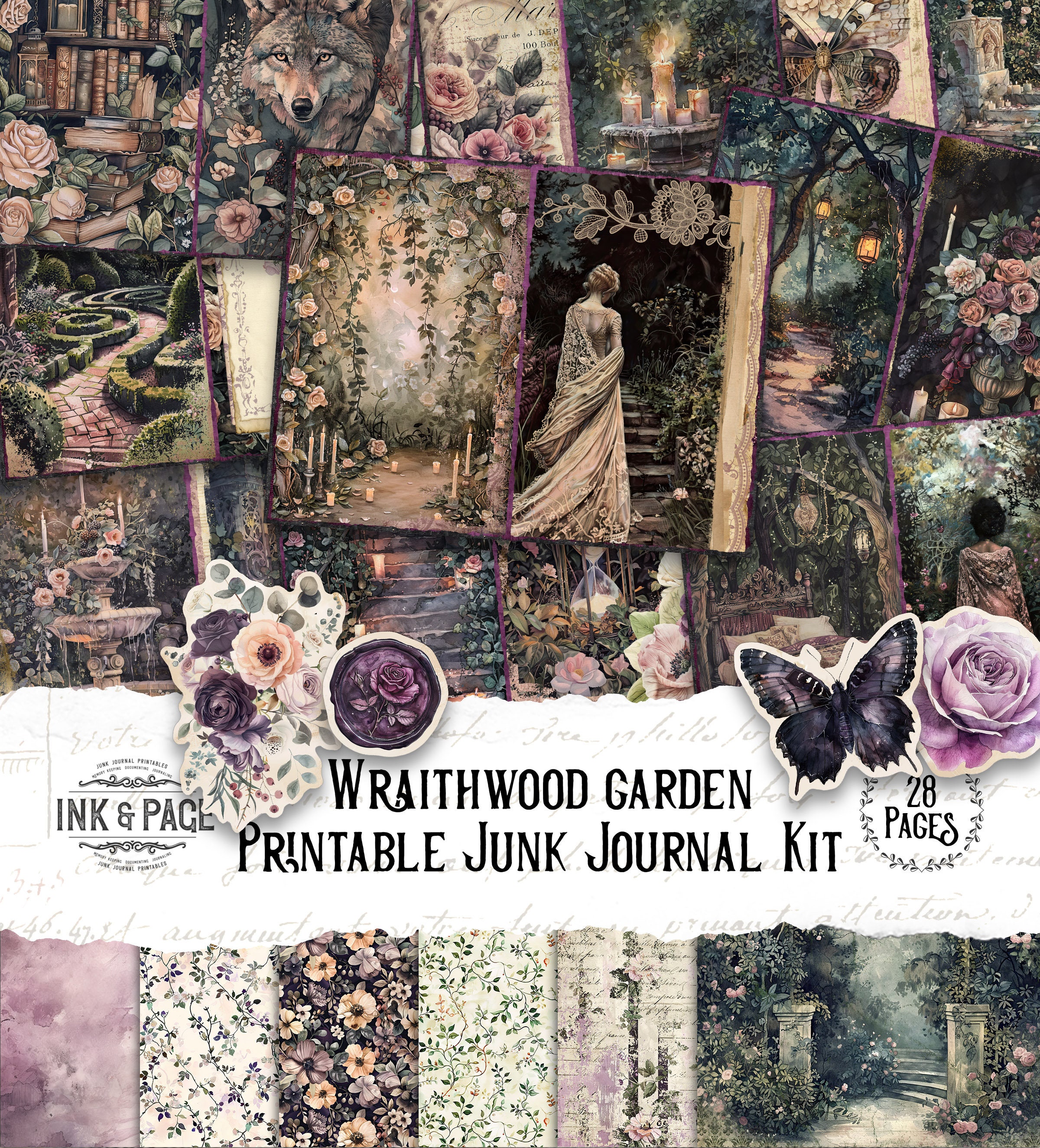 Wraithwood Garden Junk Journal Printable Kit Night Ephemera Gothic Garden Vintage Digital Download Mysterious Romantic Victorian Garden Page