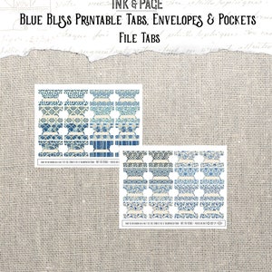 May include: Printable file tabs with a blue and white floral pattern. The tabs are designed for use with a standard file folder. The text "BLUE BLISS PRINTABLE TABS, ENVELOPES & POCKETS" and "FILE TABS" is visible at the top of the image.
