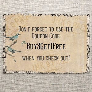 May include: A vintage-style sign with a distressed paper texture, featuring the text "DON'T FORGET TO USE THE COUPON CODE BUY3GET1FREE WHEN YOU CHECK OUT!". Two blue birds perch on a branch. The sign has a decorative lace border.