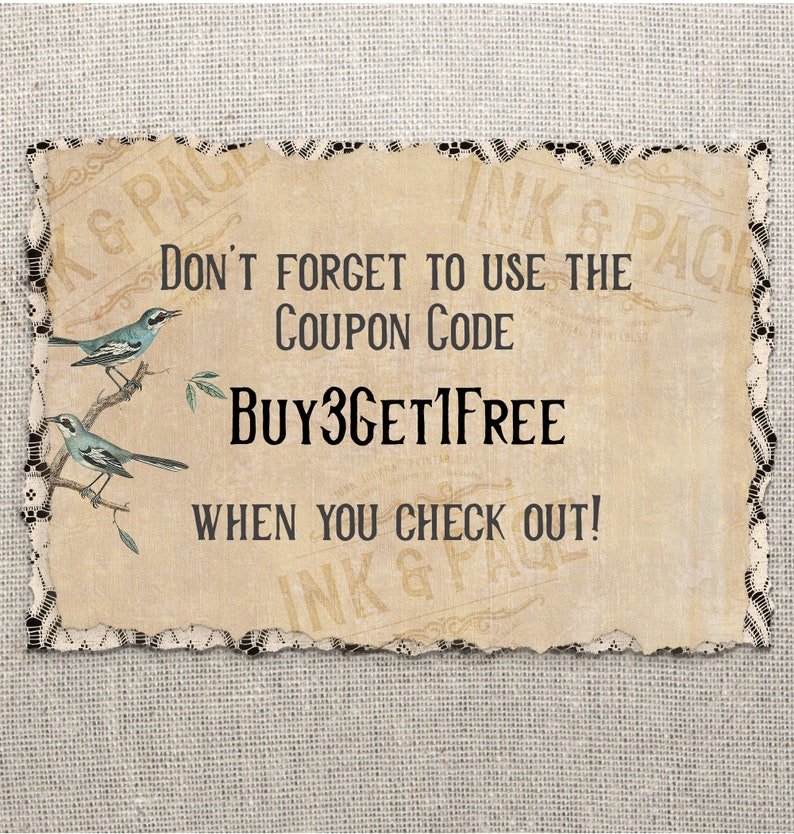 May include: A vintage-style sign with a distressed paper texture, featuring the text "DON'T FORGET TO USE THE COUPON CODE BUY3GET1FREE WHEN YOU CHECK OUT!". Two blue birds perch on a branch. The sign has a decorative lace border.