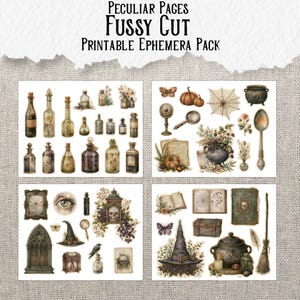 May include: A printable ephemera pack titled Peculiar Pages Fussy Cut featuring four sheets of vintage-style illustrations including glass bottles, cauldrons, pumpkins, spider webs, skulls, books, witch hats, a broom, and botanical elements in muted tones.