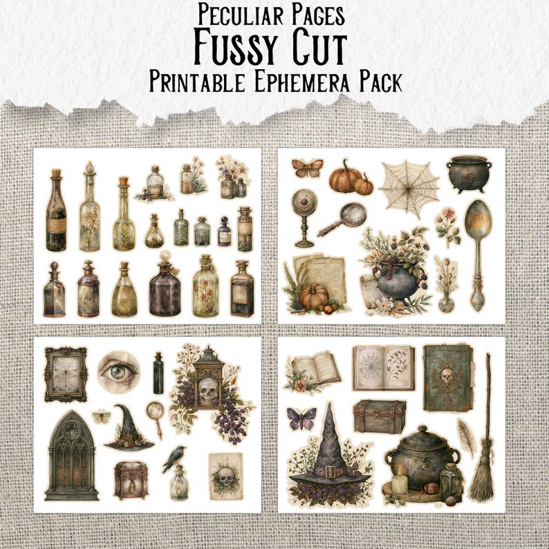 May include: A printable ephemera pack titled Peculiar Pages Fussy Cut featuring four sheets of vintage-style illustrations including glass bottles, cauldrons, pumpkins, spider webs, skulls, books, witch hats, a broom, and botanical elements in muted tones.