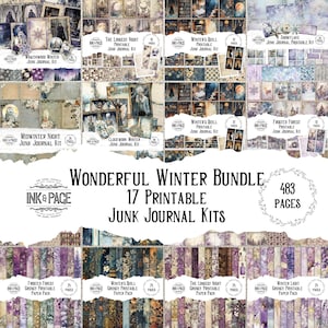 May include: A digital bundle of 17 printable junk journal kits with a winter theme. The image shows various journal kit covers with illustrations and text, along with coordinating paper packs. The text reads "Wonderful Winter Bundle" and "483 Pages."