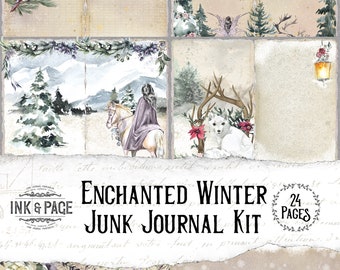 Enchanted Winter Junk Journal Printable Kit, Digital Download, Woodland Animals. Vintage Holiday Ephemera Pack, Christmas Snowflakes, Bujo