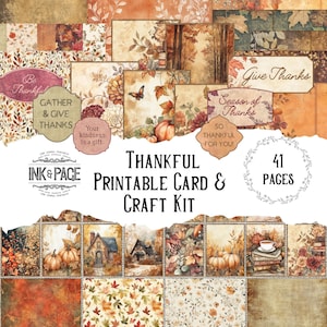Thankful Printable Autumn A2 Card Kit Thanksgiving Digital Download Fall Ephemera Grateful Junk Journal Fall Craft Autumn Paper 4.25" x 5.5"