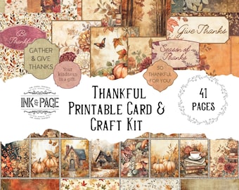 Può includere: Un kit di carte e artigianato stampabile a tema autunnale. Il kit include 41 pagine di design con zucche, foglie, case e altri elementi autunnali. Il testo "Thankful" e "Ink & Page" è visibile nell'immagine.