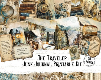 The Traveler Printable Junk Journal Kit Vintage Grunge Digital Download Antique Scrapbook Paper Collage Sheets Travel Ephemera Industrial