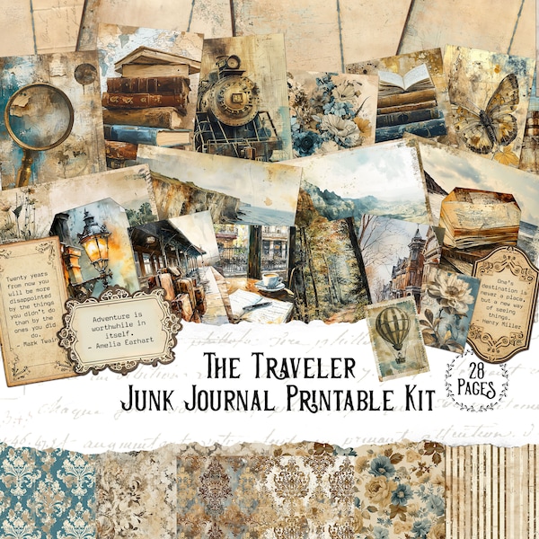 Le voyageur, kit de journal indésirable imprimable vintage grunge en téléchargement numérique, feuilles de collage en papier pour scrapbooking antique, voyage éphémère industriel