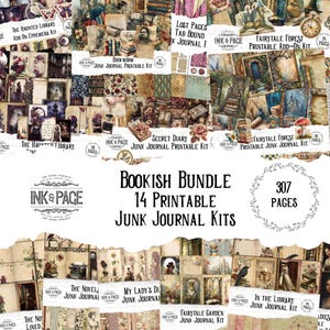 Zestaw do druku dziennika Bookish Junk 14 zestawów w stylu vintage 307 stron Biblioteka sekretnego pamiętnika do pobrania cyfrowego Miłośnik książek bajkowych Ephemera