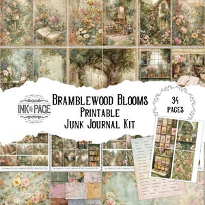 May include: A printable junk journal kit named "Bramblewood Blooms" with floral and garden-themed designs. The kit contains 34 pages of vintage-style illustrations, including images of flowers, books, and outdoor scenes. The Ink & Pace logo is also visible.