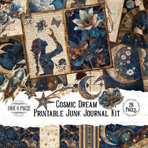 Kosmische droom junk Journal afdrukbare Kit hemelse digitale download Vintage maan Ephemera ster Scrapbook papier astronomie hemel wetenschap mystiek
