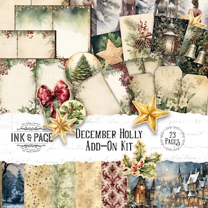 December afdrukbare Ephemera Kit Holly Tags Junk Journal Pockets Merry Christmas Scrapbook Vintage vakantieherinneringen Winter Bullet Journal