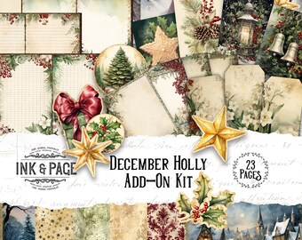 December Printable Ephemera Kit  Holly Tags Junk Journal Pockets Merry Christmas Scrapbook Vintage Holiday Memories Winter Bullet Journal