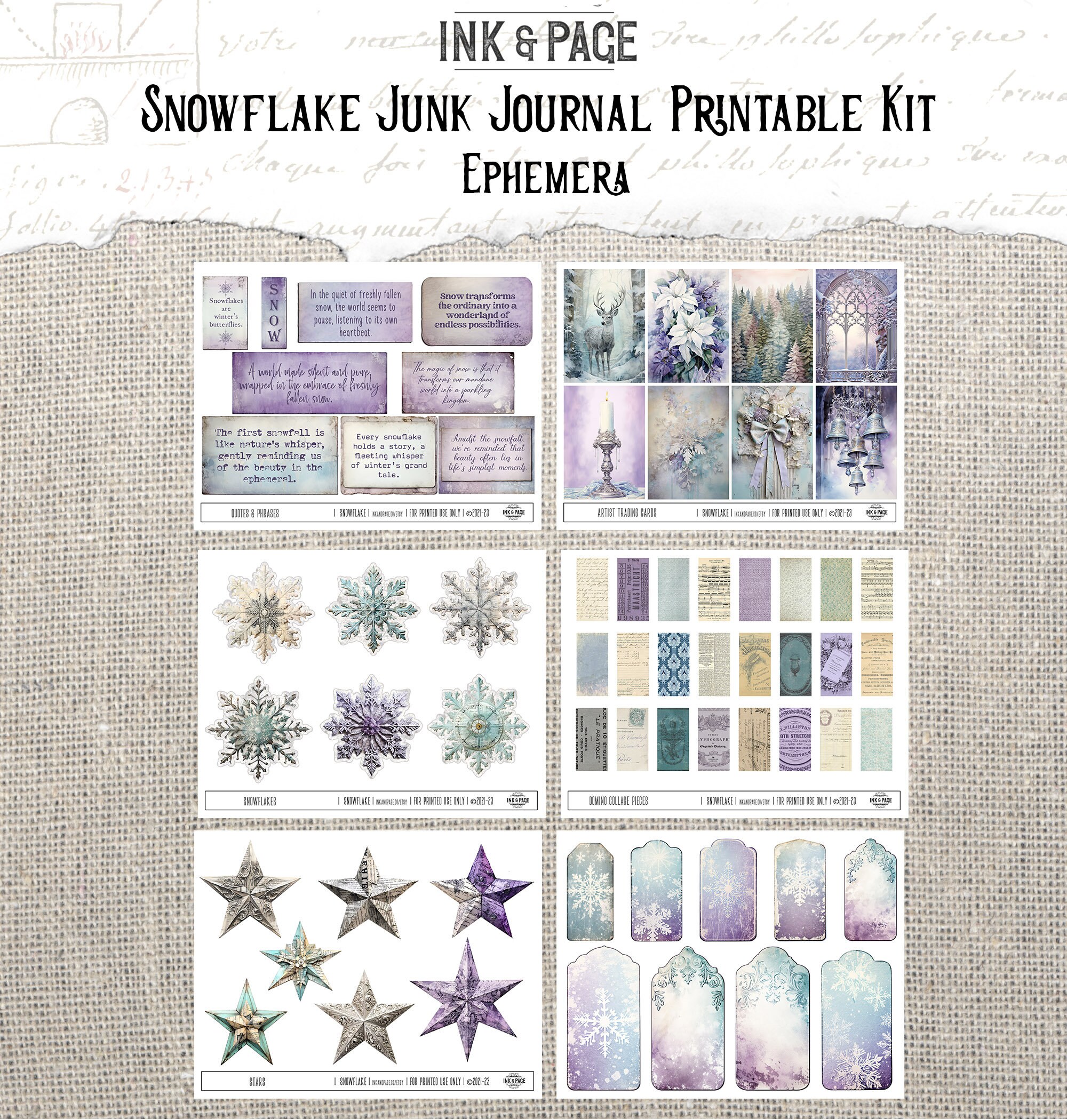 Snowflake Junk Journal Printable Kit Winter Grunge Digital Paper ...