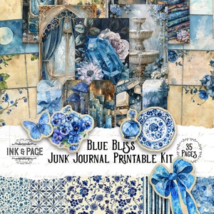 Blue Bliss Printable Junk Journal Ephemera Digital Kit Delft Watercolor Collage Background Paper Rainbow Scrapbook Pages Papercraft Supplies