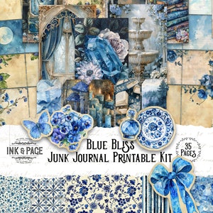 Blue Bliss Printable Junk Journal Ephemera Digital Kit Delft Watercolor Collage Background Paper Rainbow Scrapbook Pages Papercraft Supplies