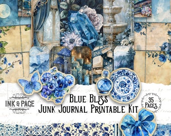 Blue Bliss Printable Junk Journal Ephemera Digital Kit Delft Watercolor Collage Background Paper Rainbow Scrapbook Pages Papercraft Supplies