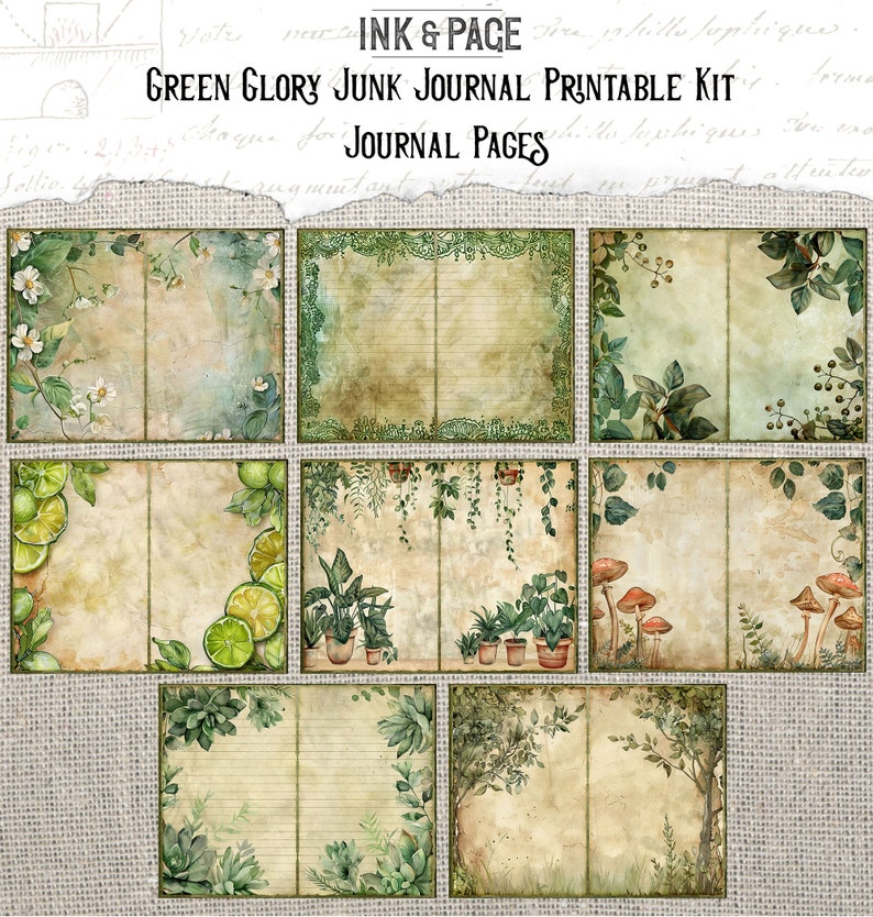 Green Glory Junk Journal Printable Ephemera Rainbow Vintage Digital Paper Pack Shabby Lime Mixed Media Spring Leaves Nature Scrapbook Pages image 3