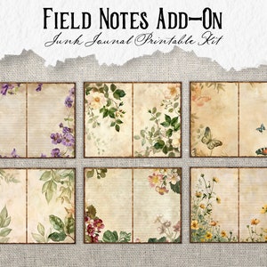 May include: Six printable pages for a junk journal with floral and butterfly designs. Each page has lined paper and a floral border.