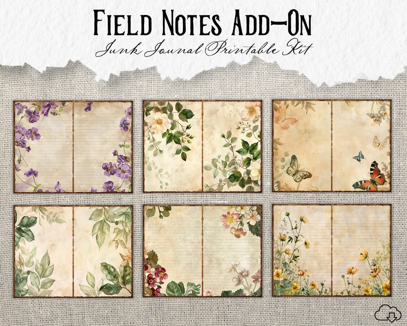 May include: Six printable pages for a junk journal with floral and butterfly designs. Each page has lined paper and a floral border.