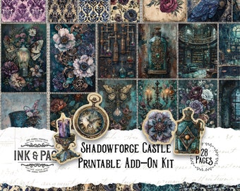 Shadowforge Castle Printable Steampunk Ephemera Add-On Gothic Digital Paper Pack Grungy Victorian Pockets Purple Envelope Teal Dark Academia