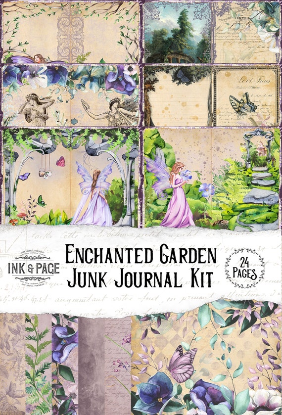 Enchanted Garden Printable Junk Journal, Fairy Digital Download, Vintage Ephemera Pack, Whimsical, Magical Scrapbook Paper, Pastel, Purple