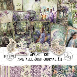 May include: A printable junk journal kit with a spring light theme. The kit includes 31 pages of images, patterns, and text. The images feature a woodland scene with a woman walking along a path, a rabbit, a moon, and flowers. The patterns include stripes, polka dots, and floral designs. The text includes the words "Spring Light" and "Printable Junk Journal Kit".