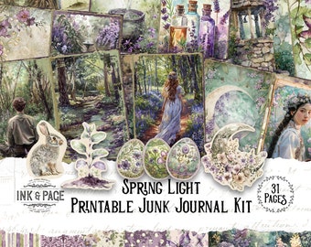 Frühling leicht Junk Journal Printable Kit Ostara digitaler Download Pastell Vintage Ephemera lila Scrapbook Blume Papier Tagundnachtgleiche liniert Seiten