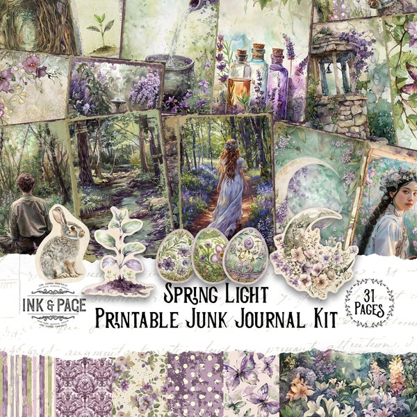 Spring Light Junk Journal Printable Kit Ostara Digital Download Pastel Vintage Ephemera Purple Scrapbook Flower Paper Equinox Lined Pages