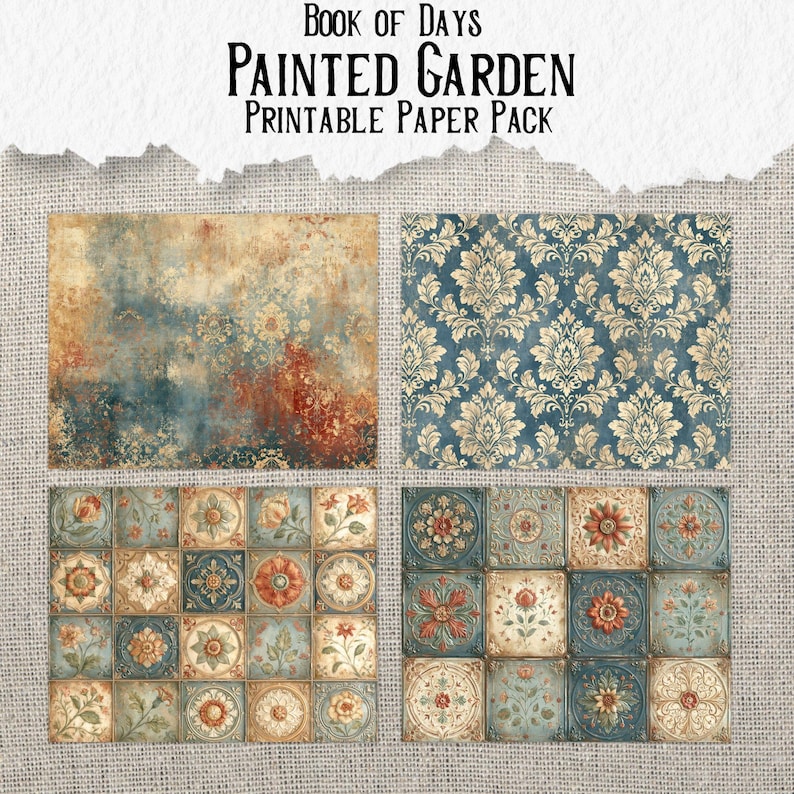 May include: Book of Days Painted Garden Printable Paper Pack featuring four distinct sheets. One sheet has a distressed blue and rust texture, one features a blue and gold damask pattern, and two display grids of floral tiles in muted tones.
